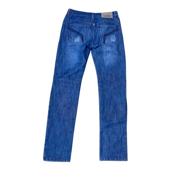 DKNY Greenwich Slim Distressed Patchwork Jeans Size 14 Blue Denim Straight Leg - Picture 2 of 5